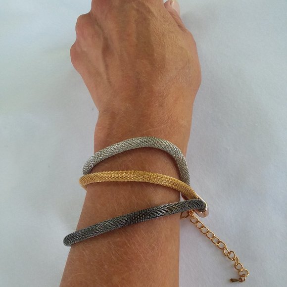 Bracelet 3 Strand/Color Coil Spring Gold Silver Gun Metal/Black 7.5" 7 1/2" - Picture 9 of 11